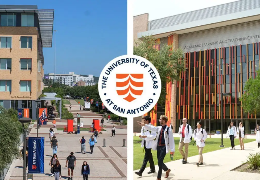 Split image of University of Texas at San Antonio campuses, with students walking outdoors and the UTSA seal in the center.