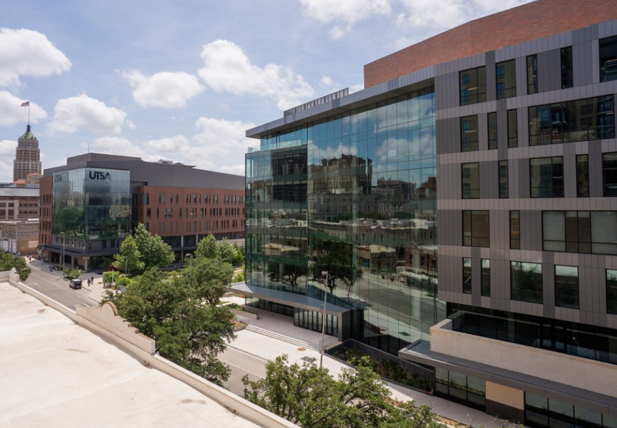Aerial view of San Pedro I & II building at the UT San Antonio Downtown Campus